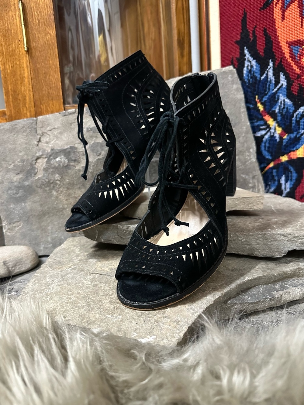 Vince Camuto Black Suede Laser-Cut Lace-Up Peep-Toe Heels